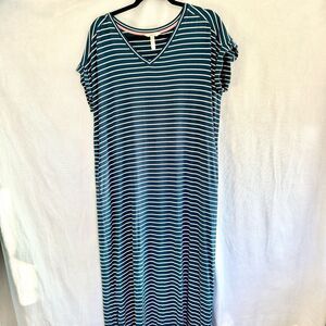 Matilda Jane Set Sail Blue Navy White Stripe Maxi Dress Size Small Short Sleeves